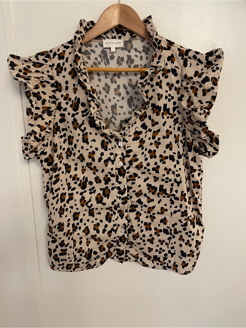 Entro Leopard Print Ruffle Neck & Cascade Ruffle Sleeve button up blouse M